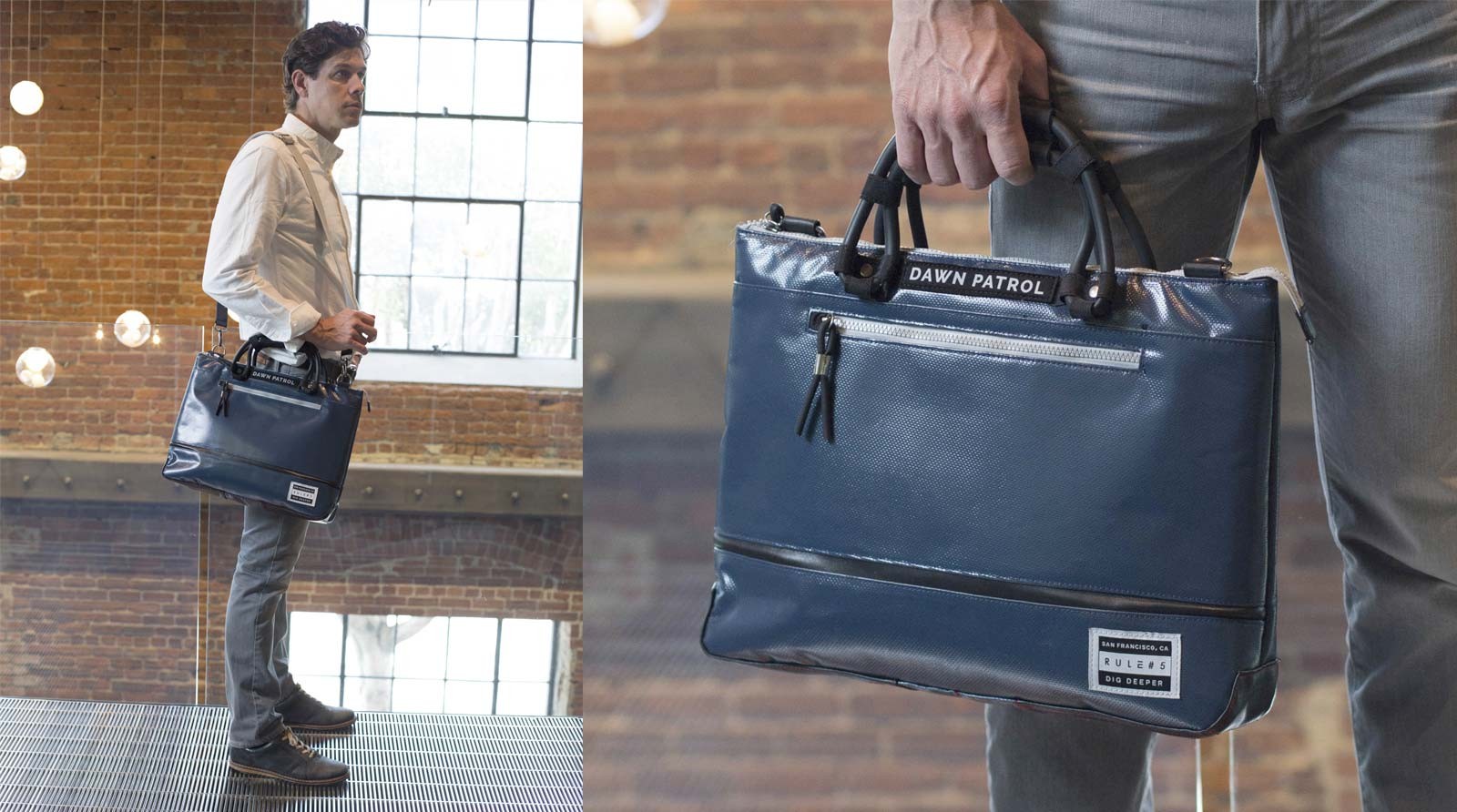 Man holding shiny briefcase with rubber tubing handles.